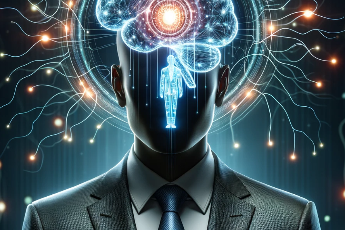 DALL·E 2024-06-11 16.13.25 - A professional, corporate-themed image depicting a human figure in business attire surrounded by a brain made of light. The brain is illuminated with